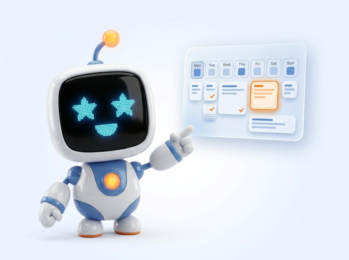 The StackBuddy mascot pointing at a weekly schedule of queued Substack notes