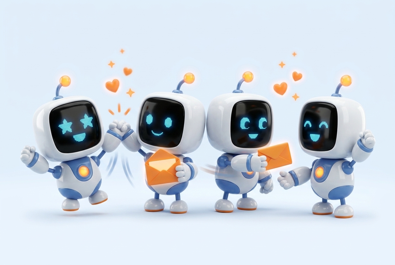 A team of StackBuddy mascot robots collaborating — high-fiving and passing notes to each other